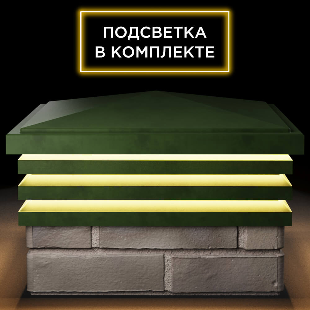Колпак Zking Бона ХайТек Зеленый на столб 1.5х1.5 кирпича (385х385мм) с подсветкой Алушта фото